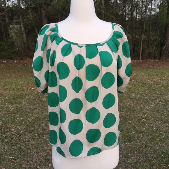Moon Collection Tops - Moon Collection Tan & Green Big Polka Dot Top Sz S